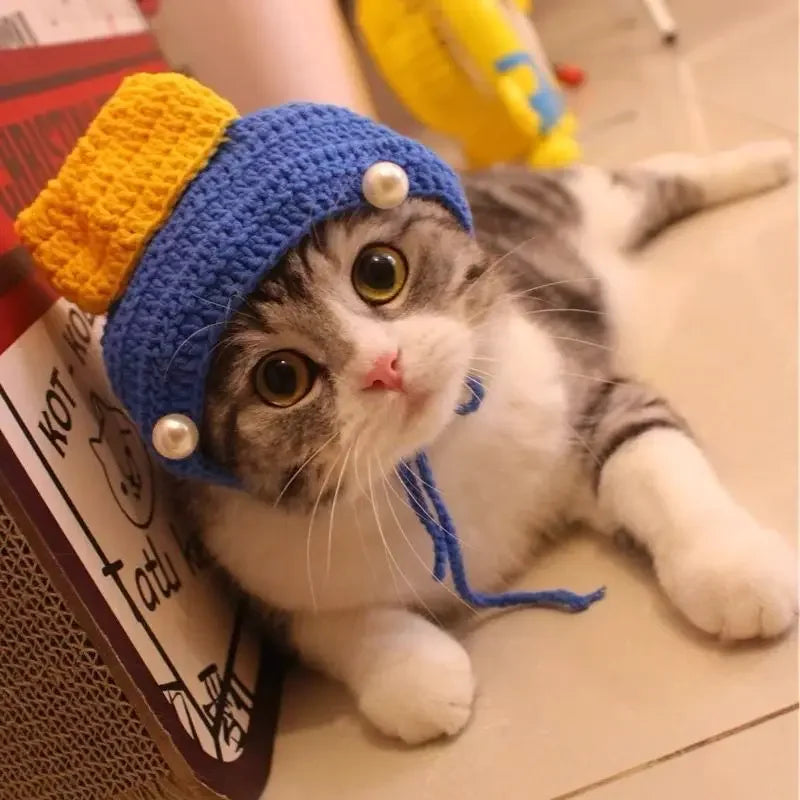 Cute Cat Hat Funny Pets Party Cosplay Headwear Delicate Hemming Pendant Decor Elasticity Knitted Hat Pet Accessories