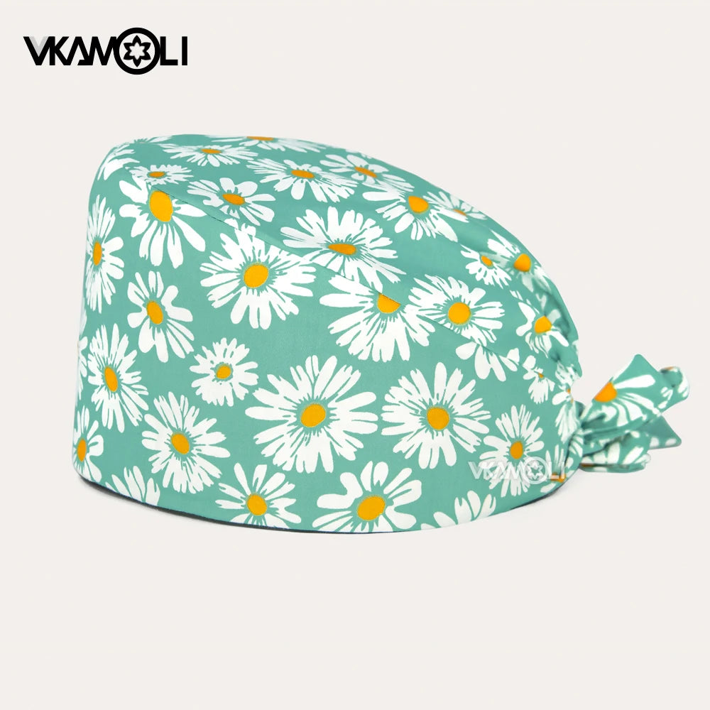 Women's Cotton Scrubs Caps Sweat-Absorbent Elastic Section Pet Grooming Nursing Work Hats Lab Flower Print Scrub Hat Wholesale