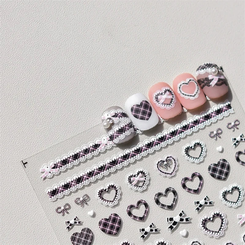 1pcs Sweet Pearl Lace Bow Nail Stickers Love Heart Pink White Black Lace Bow Self Adhesive Nail Art Decorations Decals Accessory