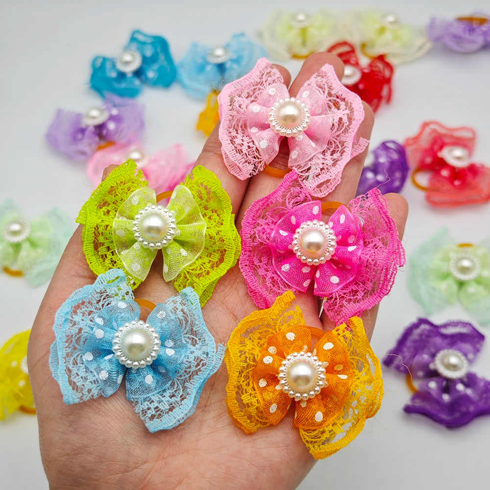 10pcs Bright Double-layer Lace Bows For Dogs 13 Colors Dog Grooming Hair Accessories Pet Rubber Band Hair Clips Puppy Supplies