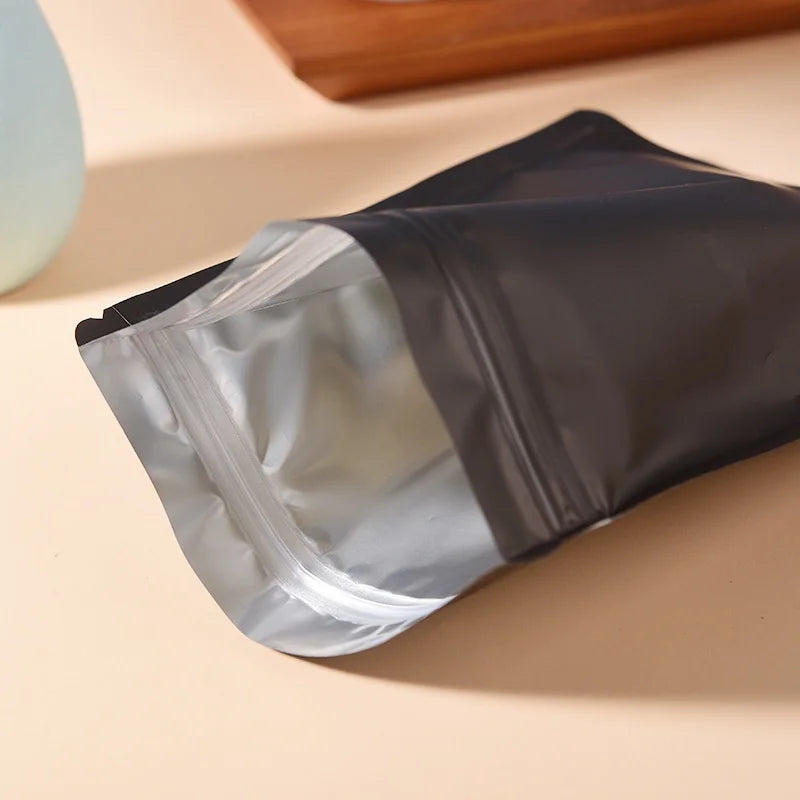 50PCS Resealable Coffee Herb Powder Zipper Pack Bag Smell Proof Flat Pouches Matte Black Small Aluminum Foil Zip Lock