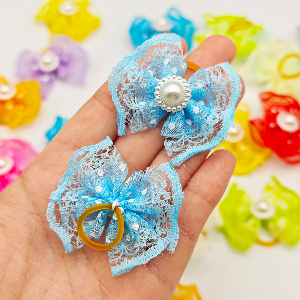 10pcs Bright Double-layer Lace Bows For Dogs 13 Colors Dog Grooming Hair Accessories Pet Rubber Band Hair Clips Puppy Supplies