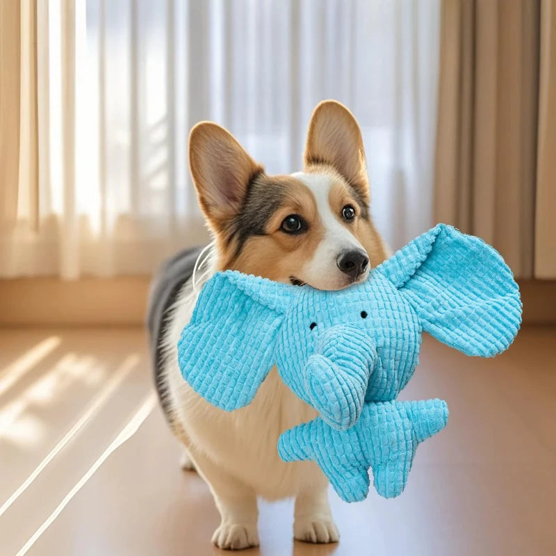 Pet Dog Toys Blue Corduroy Elephant Plush Squeaky Chew Toy Soft Stuffed Bite Resistant Interactive Teeth Cleaning Pet Play Toy ﻿