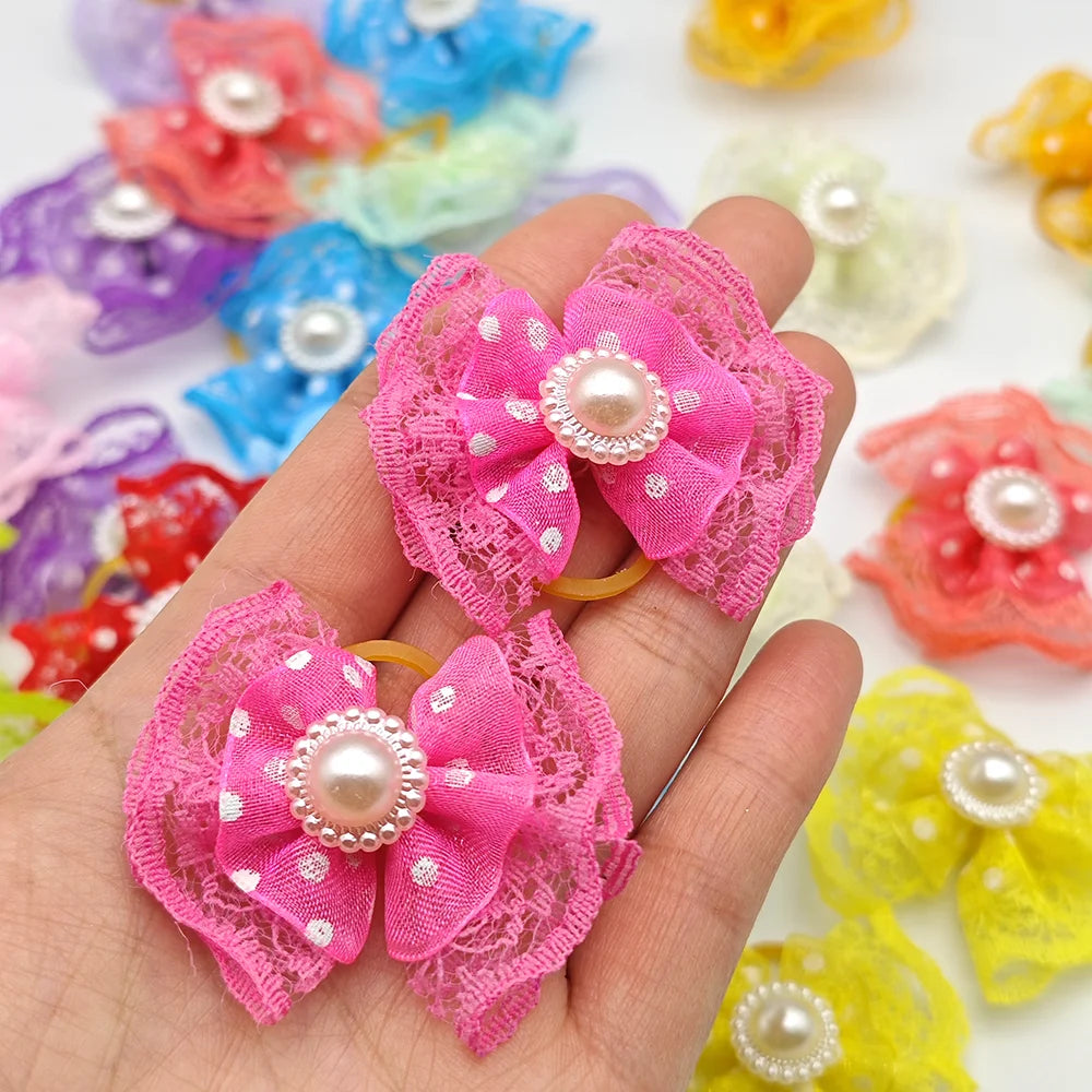 10pcs Bright Double-layer Lace Bows For Dogs 13 Colors Dog Grooming Hair Accessories Pet Rubber Band Hair Clips Puppy Supplies