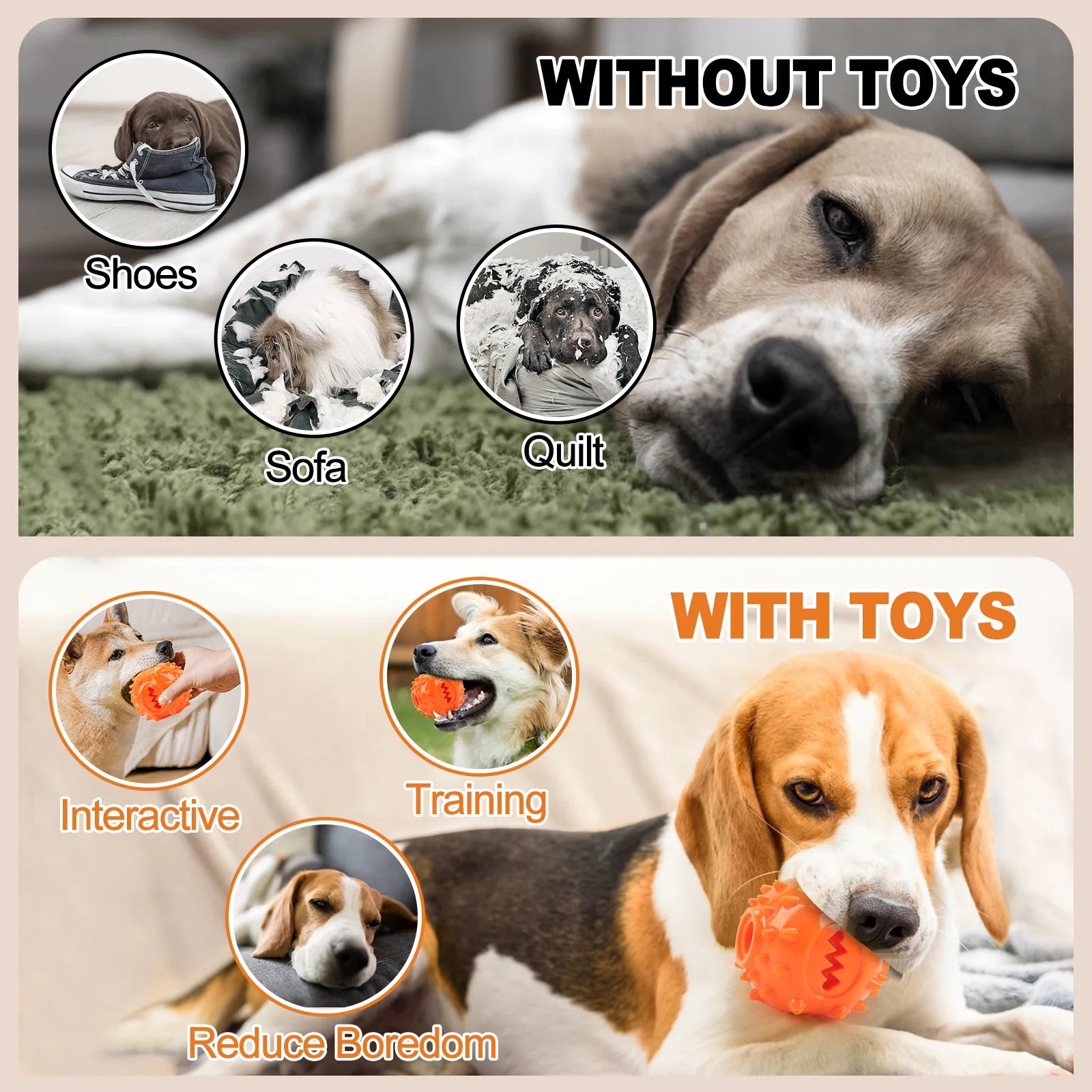 Dog Interactive Chew Treat Dispensing Ball - Self-Play, Boredom Relief, Bite-Resistant, Teeth Cleaning Pet Toy,