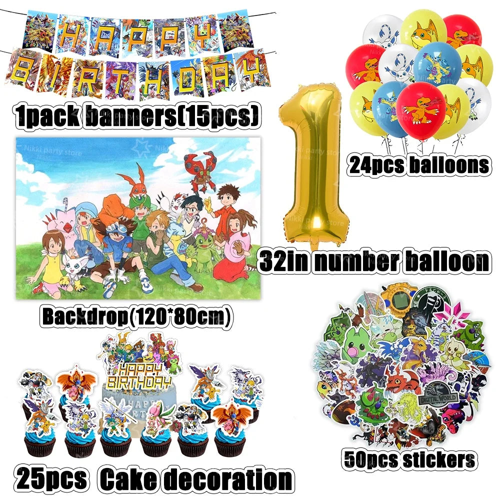 Digimon Birthday Decoration Cartoon Pet Party Favors Balloons Backdrop Banner Cake Decoration Baby Shower Supplies Gifts Toys
