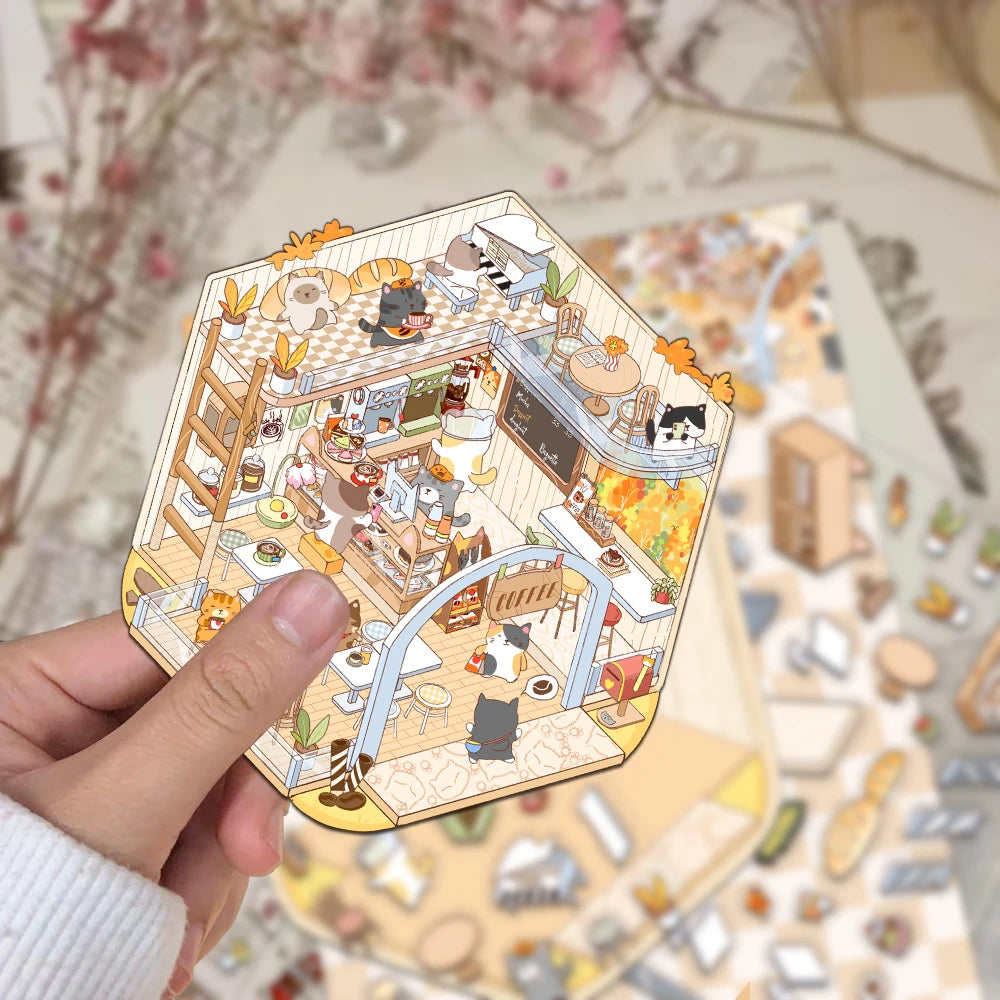 2PCS Creative  Product Shrinking World Cat Cafe Landscape Stickers DIY Decompression PET Material Stickers