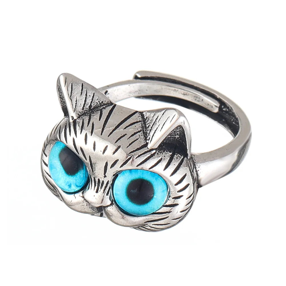 Cute Silver Color Alloy Cat Ring Fashionable Cat Eye Opening Adjustable Ring For Women Trendy Jewelry Accessories Gift