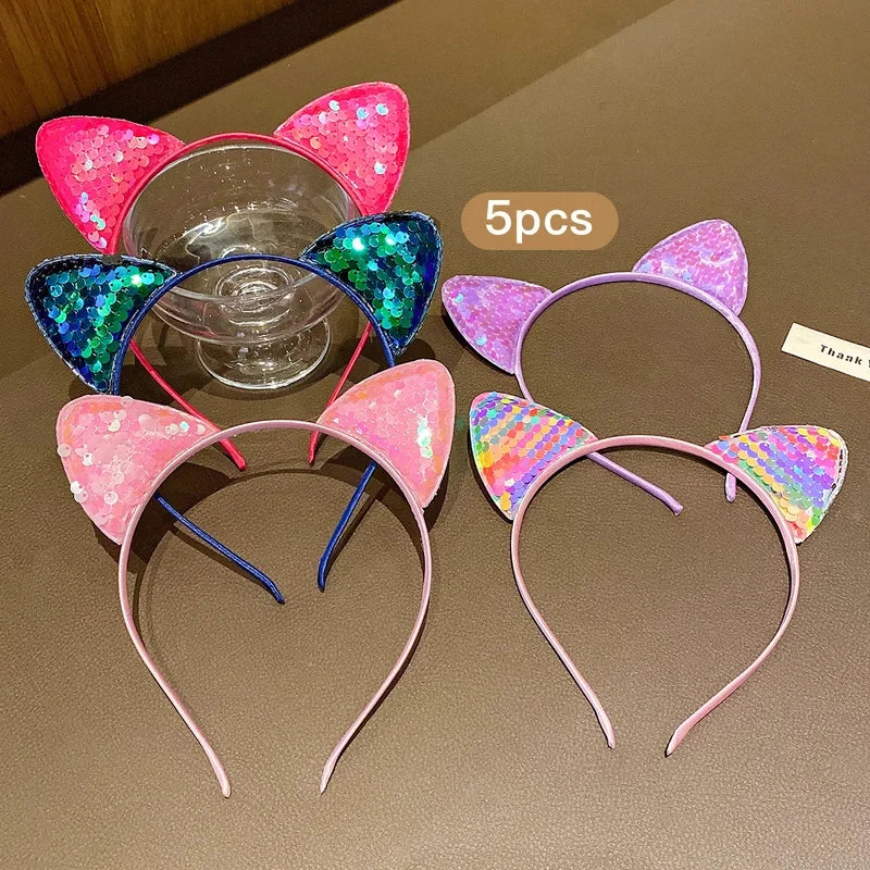 5 Colors Sequin Cat Ear Headband, Sweet Cute Hairband Daily Casual Sweet Hair Accessories for Women Girls