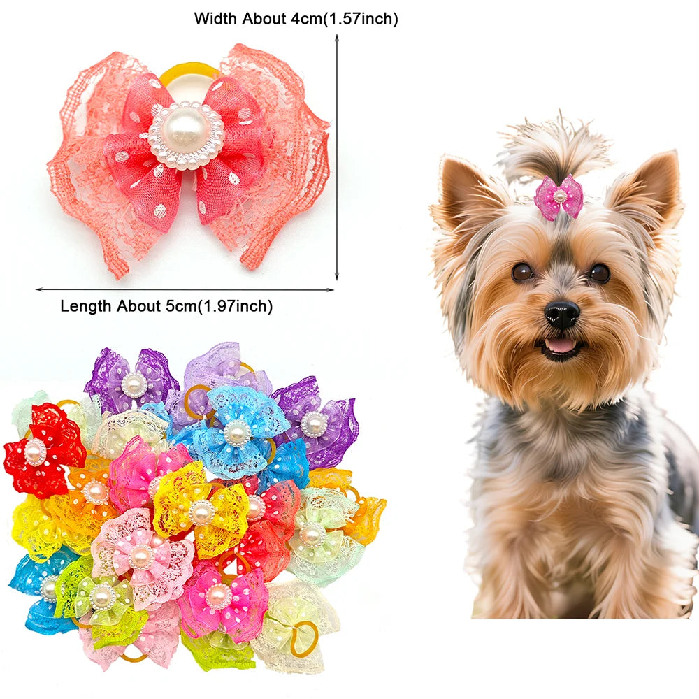 10pcs Bright Double-layer Lace Bows For Dogs 13 Colors Dog Grooming Hair Accessories Pet Rubber Band Hair Clips Puppy Supplies