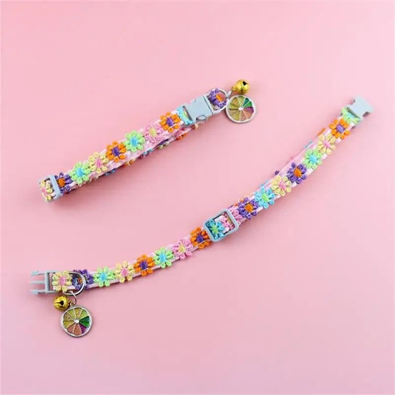 Fashion Rainbow Flower Cat Collar With Bell Kitten Puppy Necklace Adjustable Buckle Colorful Lace Kitten Collar Dog Accessories