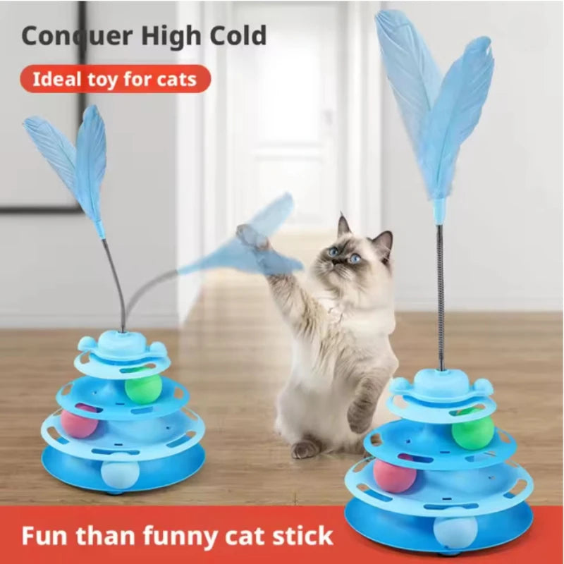 Pattern Feather Cat Toy, Three-layer Rotating Tower with Ball, Indoor Cat Interactive Fun&Christmas, New Year Pet Toys