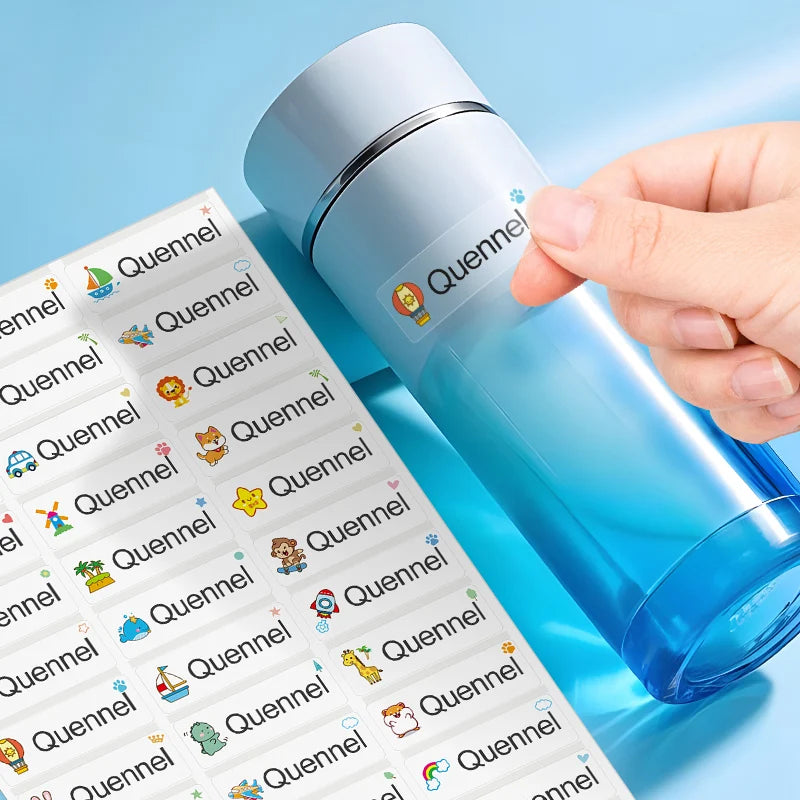 Custom Waterproof Transparent Name Stickers - Personalized Multilingual Labels for Kids School Supplies (Hebrew/English/Spanish)