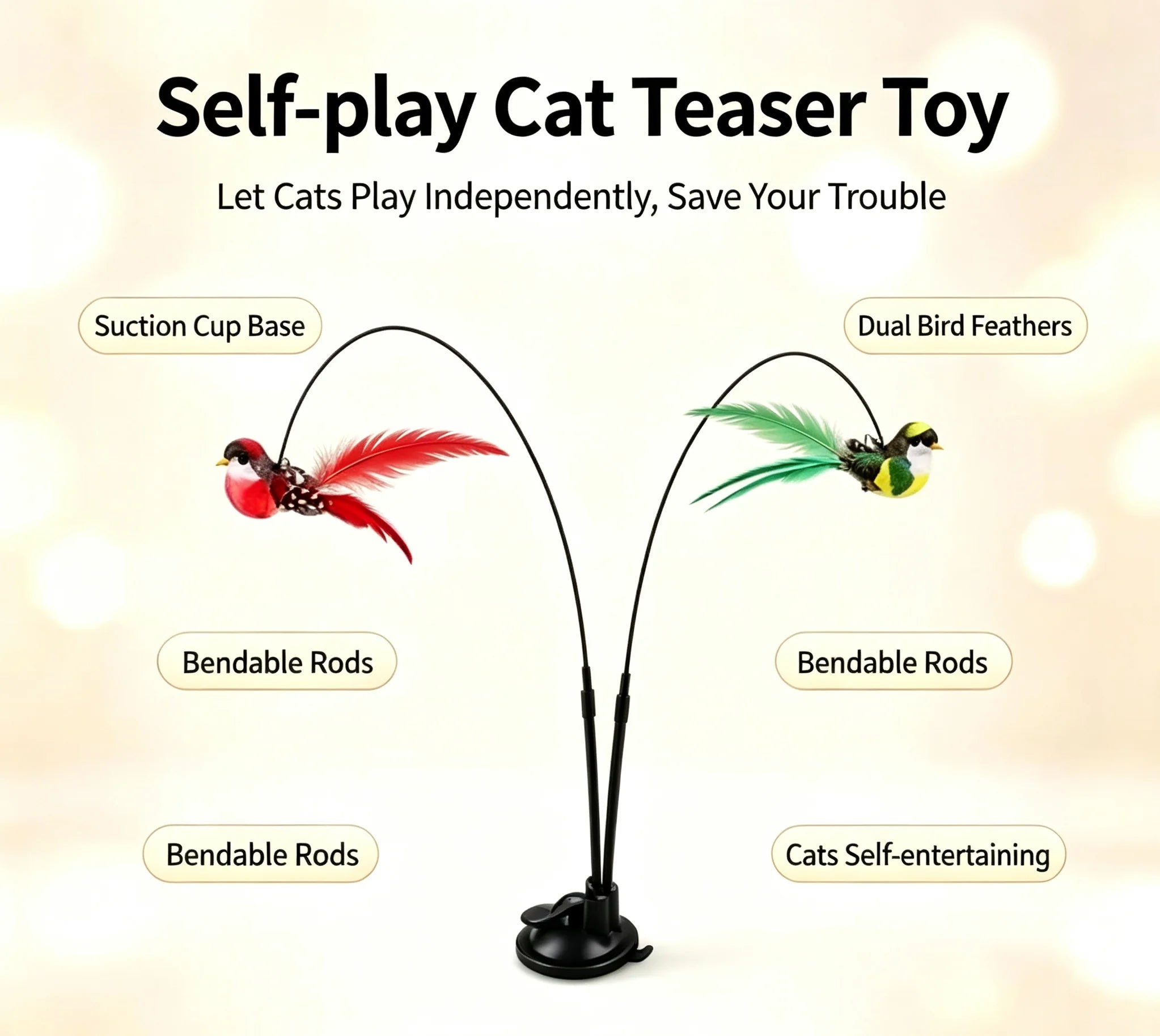 Interactive Cat Teaser Wand Double Rod Suction Cup Simulated Bird Feather Toy Self Play Kitten Entertainment Supplies