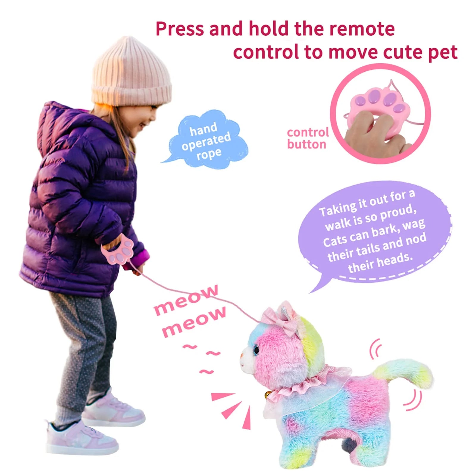 Kids RC Rainbow Cat Plush Toy Walking Kitten Grooming Beauty Accessories Set Adorable Pet Toy Birthday Present For Little Girls