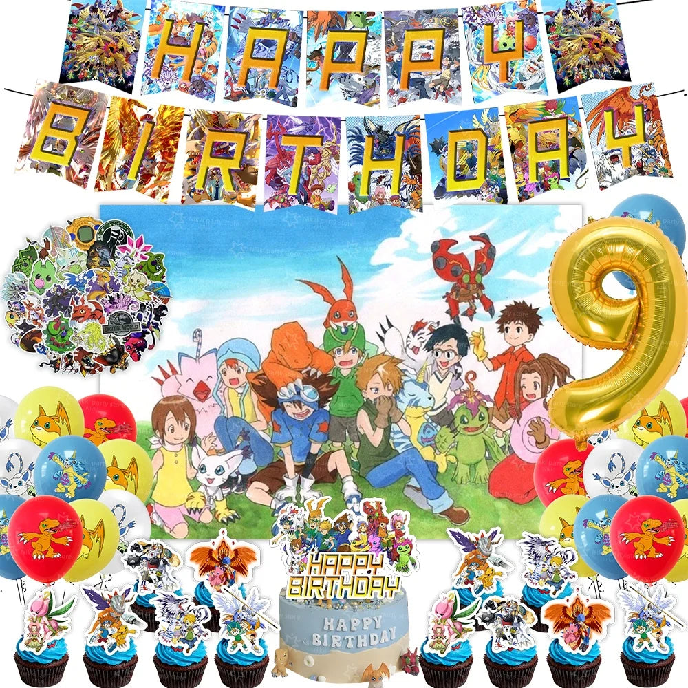 Digimon Birthday Decoration Cartoon Pet Party Favors Balloons Backdrop Banner Cake Decoration Baby Shower Supplies Gifts Toys