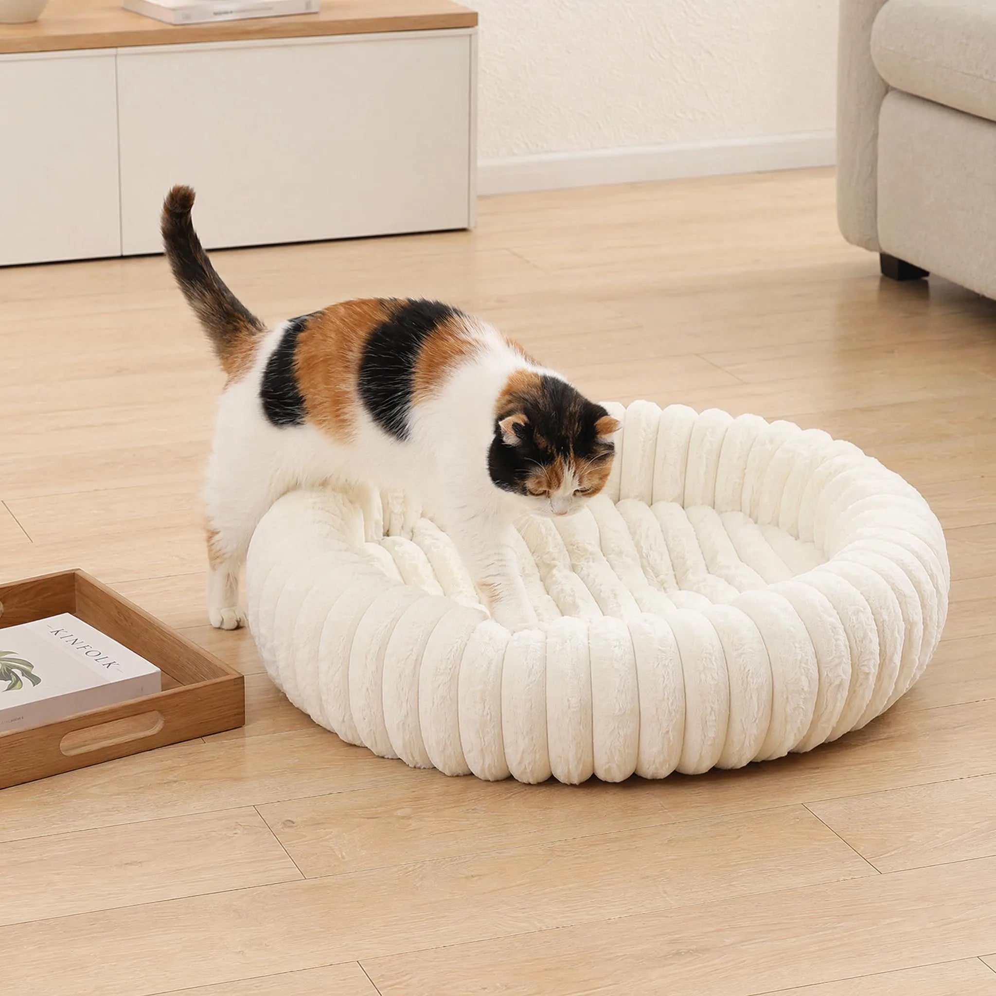 Warm Round Donut Cat Bed Vertical Striped Plush Raised Bolster Pet Bed Non Slip Washable Cozy Nest for Small Medium Dogs Cats