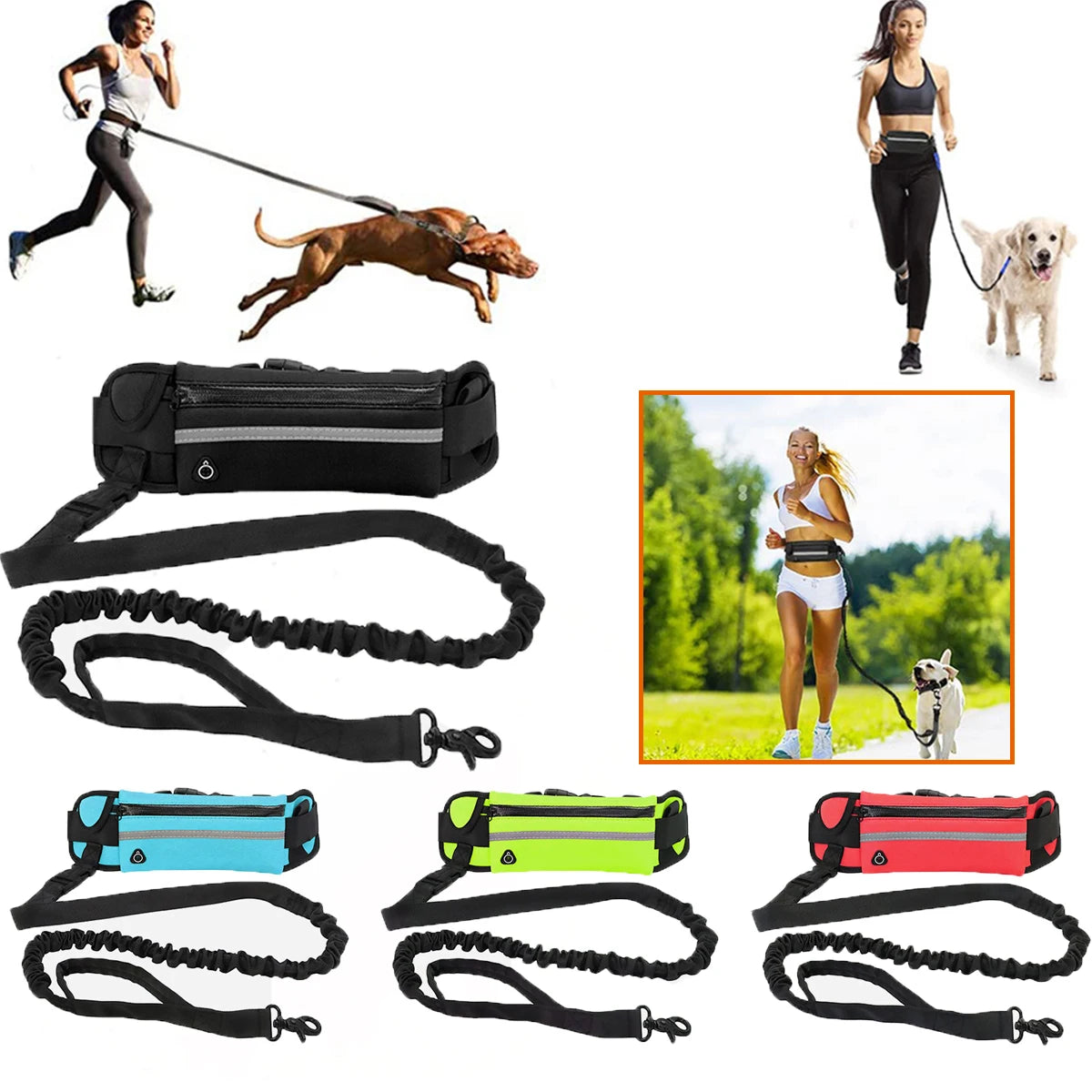 Hands Free Dog Leash Reflective Leash with Waist Bag Dog Traction Rope Retractable Elastic Belt for Running Walking Pet Products