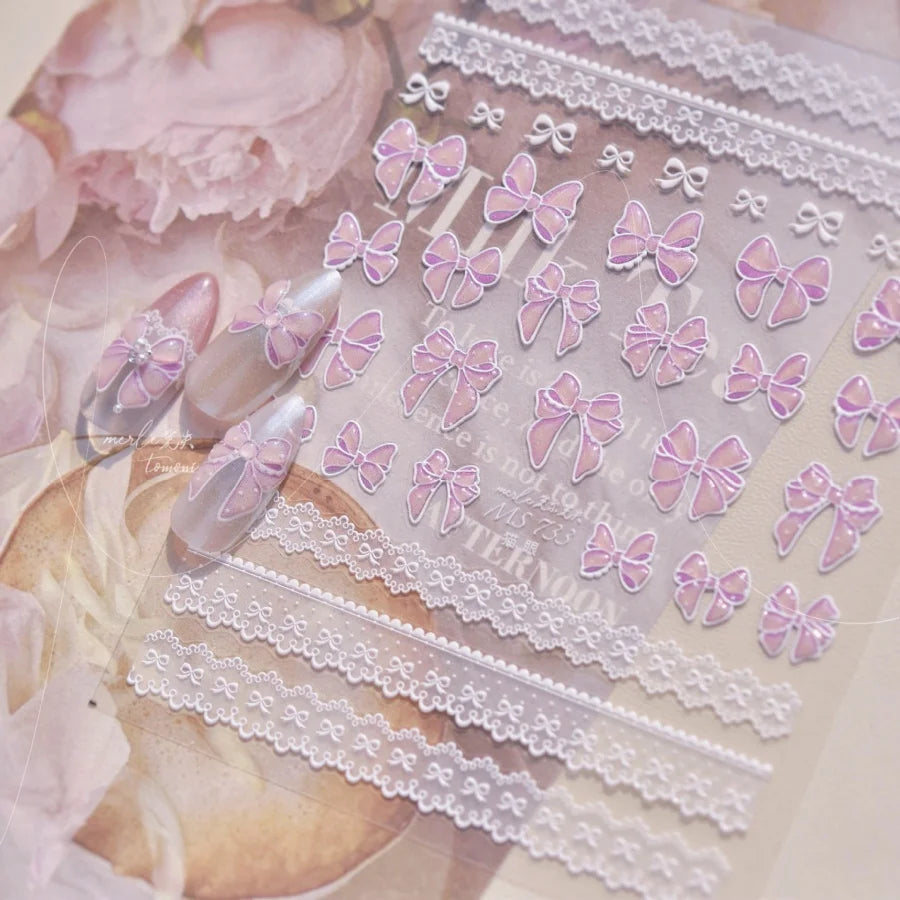 1pcs Sweet Pearl Lace Bow Nail Stickers Love Heart Pink White Black Lace Bow Self Adhesive Nail Art Decorations Decals Accessory