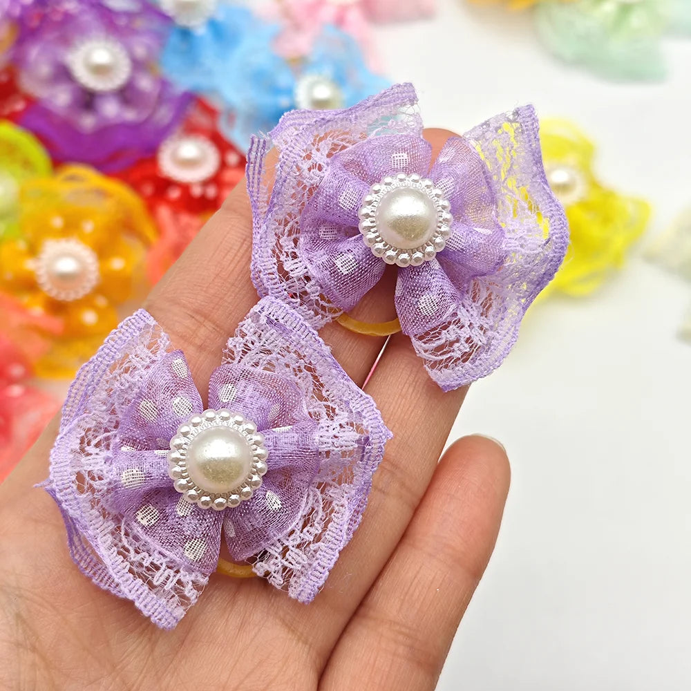 10pcs Bright Double-layer Lace Bows For Dogs 13 Colors Dog Grooming Hair Accessories Pet Rubber Band Hair Clips Puppy Supplies