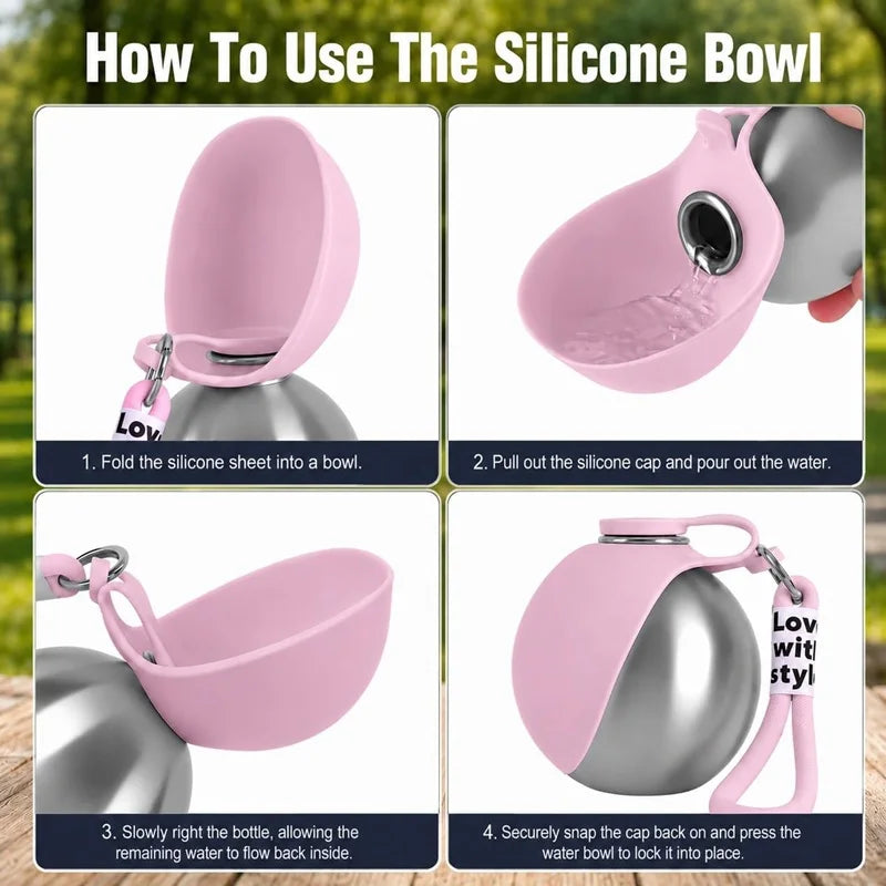 Dog Water Bottle Stainless Steel 285ml Portable Dog Drinker Leak Proof Feeder Dog Bottle 2 in 1 Silicon Bowl Travel Pet Supplies