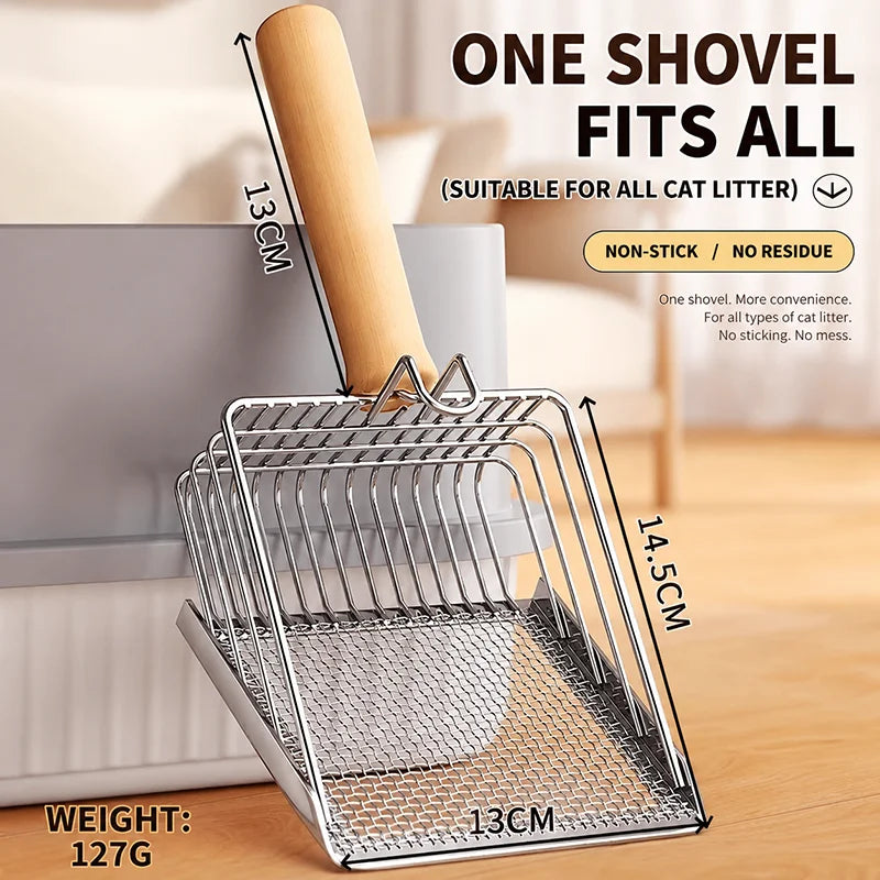 Cat Litter Shovel Wood Handle Metal Scooper with Hook Portable Stainless Steel Sifting Kitten Toilet Cleaning Tool Pet Products