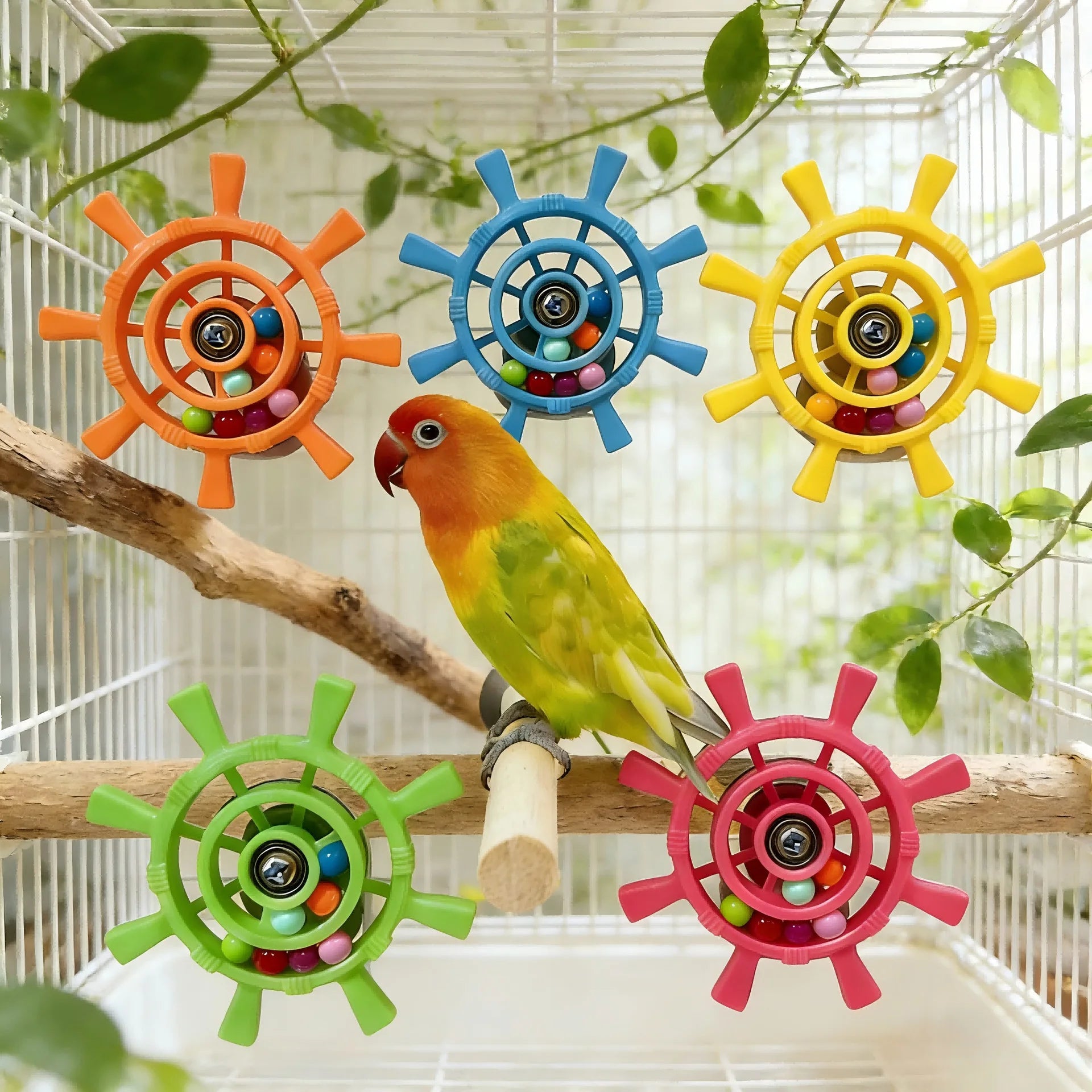 Rudder Shaped Parrot Spinner Rattle Bite Resistant Colorful Beads Bird Cage Plastic Interactive Spinning Wheel Small Birds Toy