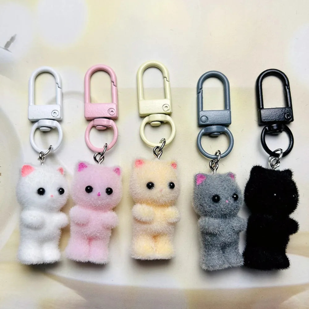 Cute Angel Wing Flocking Cat Charm Keychain for Women Cute Mini Kitten Bag Pendant Sweet Girl Phone Lanyard Keychain Accessories