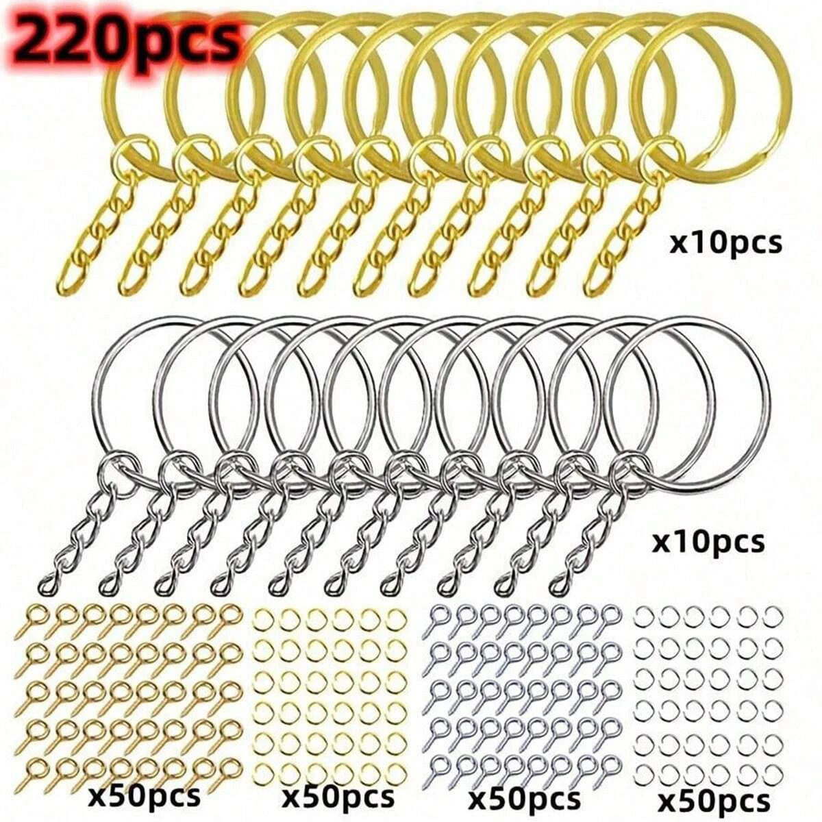 220pcs DIY Golden+Silvery Metal Keychains With Split Ring Link Silver Gold Color Pendants Holder Rings DIY Key Chains Jewelry