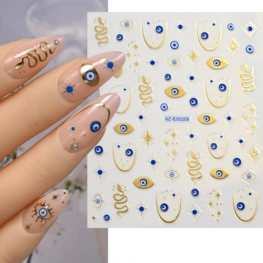 1pc 3D Eyes/Stars/Snake Designs Nail Stickers Angel Eye Nail Art Decor Golden & Blue Evil Eye Designs Manicure DIY Accessories *