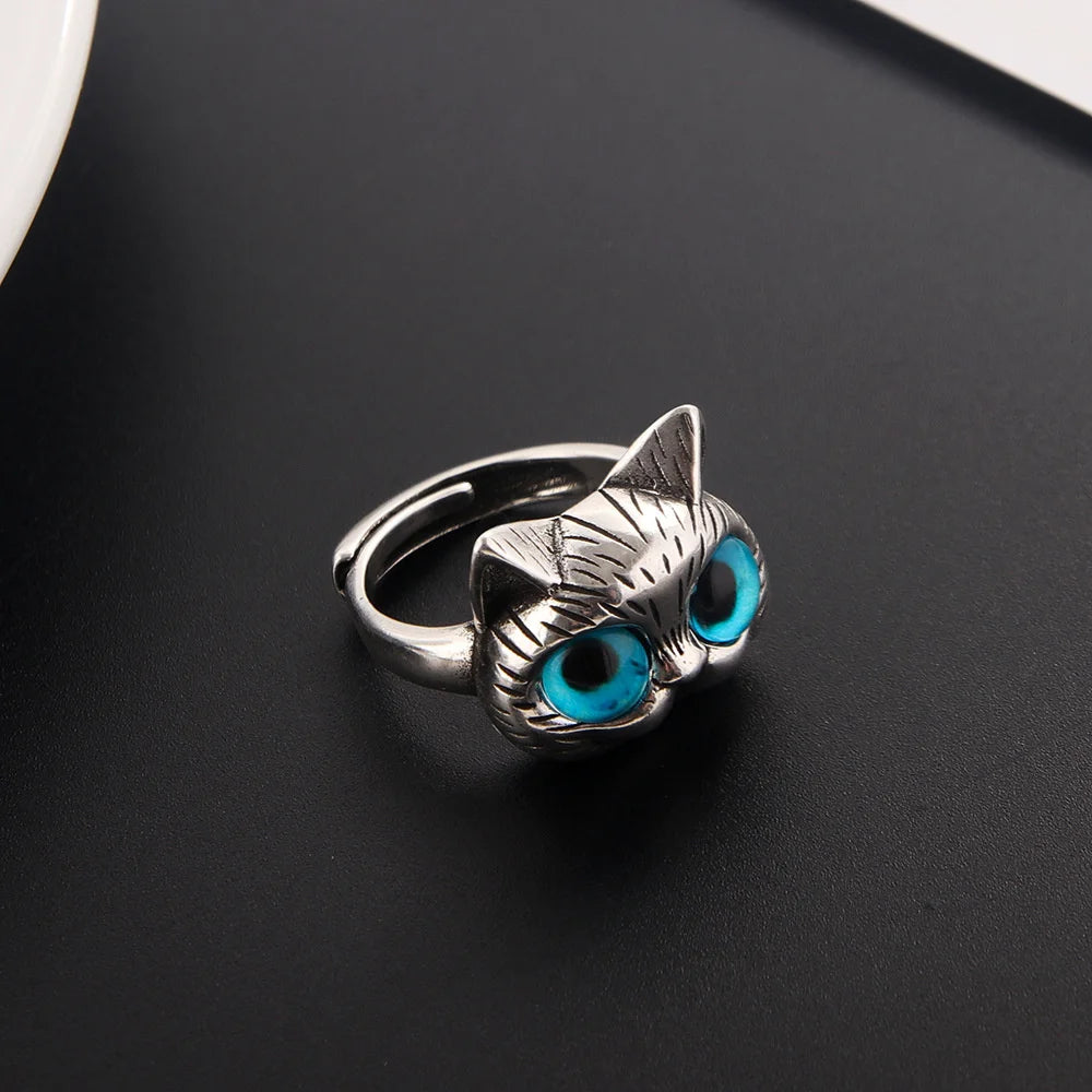 Cute Silver Color Alloy Cat Ring Fashionable Cat Eye Opening Adjustable Ring For Women Trendy Jewelry Accessories Gift