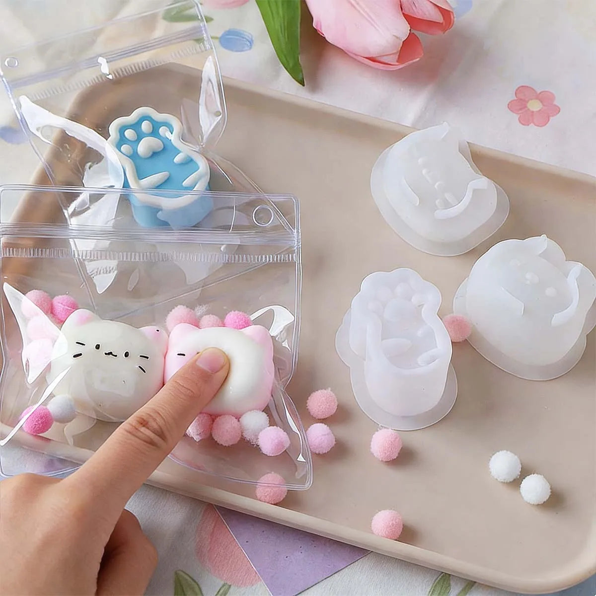Taba Squishy Kit Handmade Accessories with 50Ml A and 50Ml B Liquid Gel Rabbit Cat Silicone Mold Tools DIY Cute Cartoon Animals