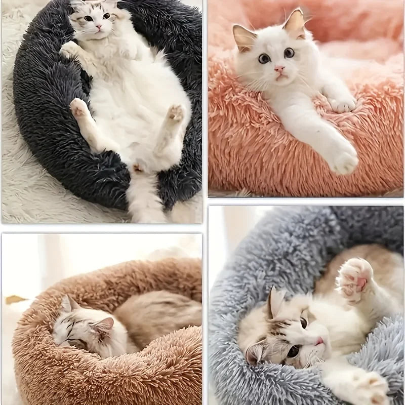 1PC comfortable striped plush pet bed, suitable for cats and dogs, warm, deep sleeping round nest, filled, gray, soft, indoor