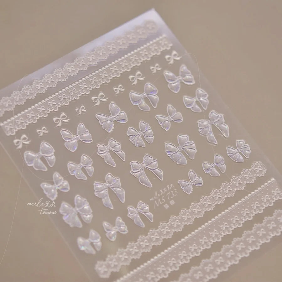 1pcs Sweet Pearl Lace Bow Nail Stickers Love Heart Pink White Black Lace Bow Self Adhesive Nail Art Decorations Decals Accessory