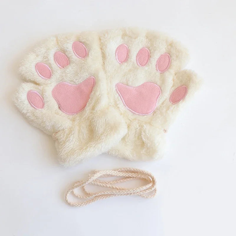 Women Winter Fashion Plush Gloves, Cat Paw Design Half-finger Warm Gloves, Suitable for Office Use Cycling Outdoor Activities