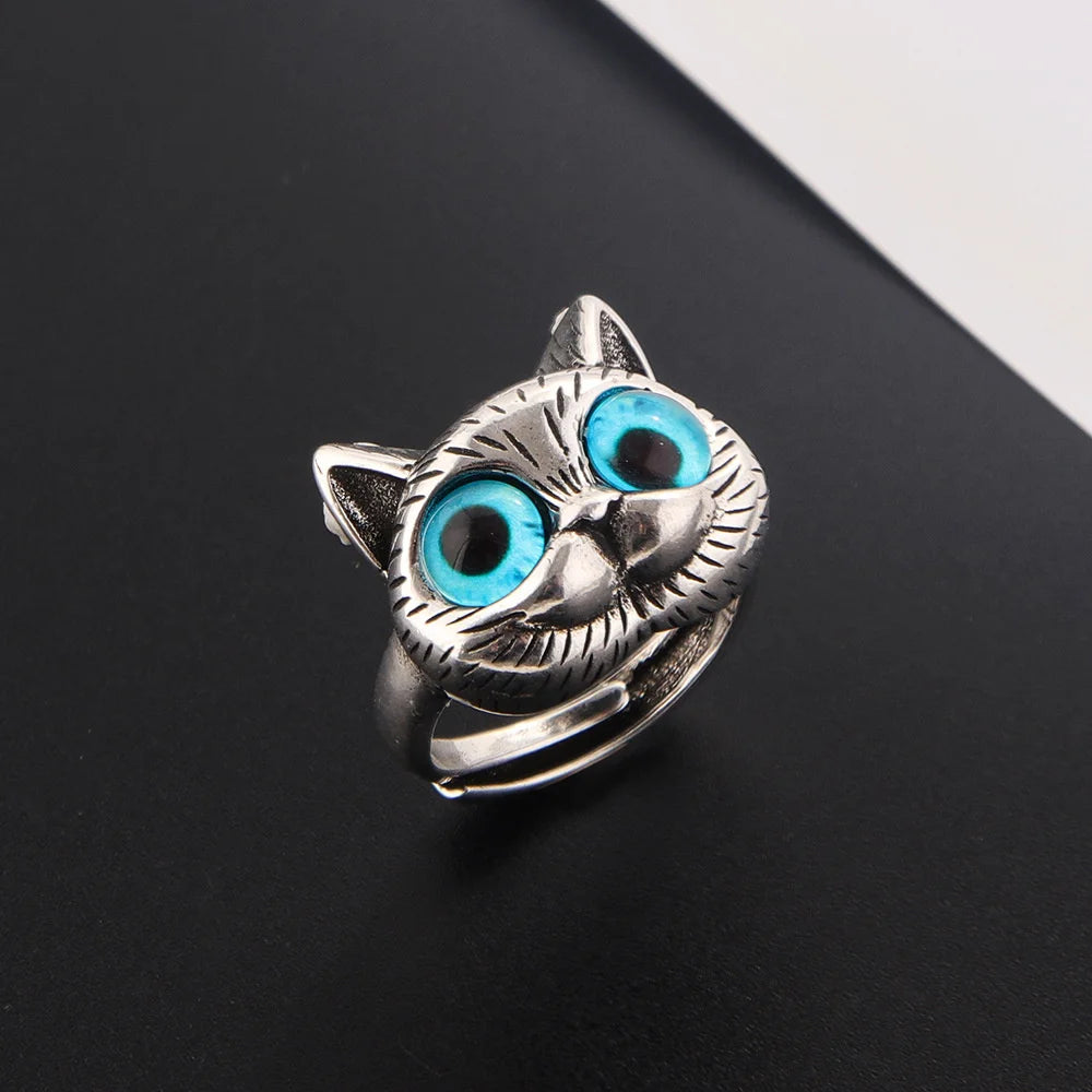 Cute Silver Color Alloy Cat Ring Fashionable Cat Eye Opening Adjustable Ring For Women Trendy Jewelry Accessories Gift