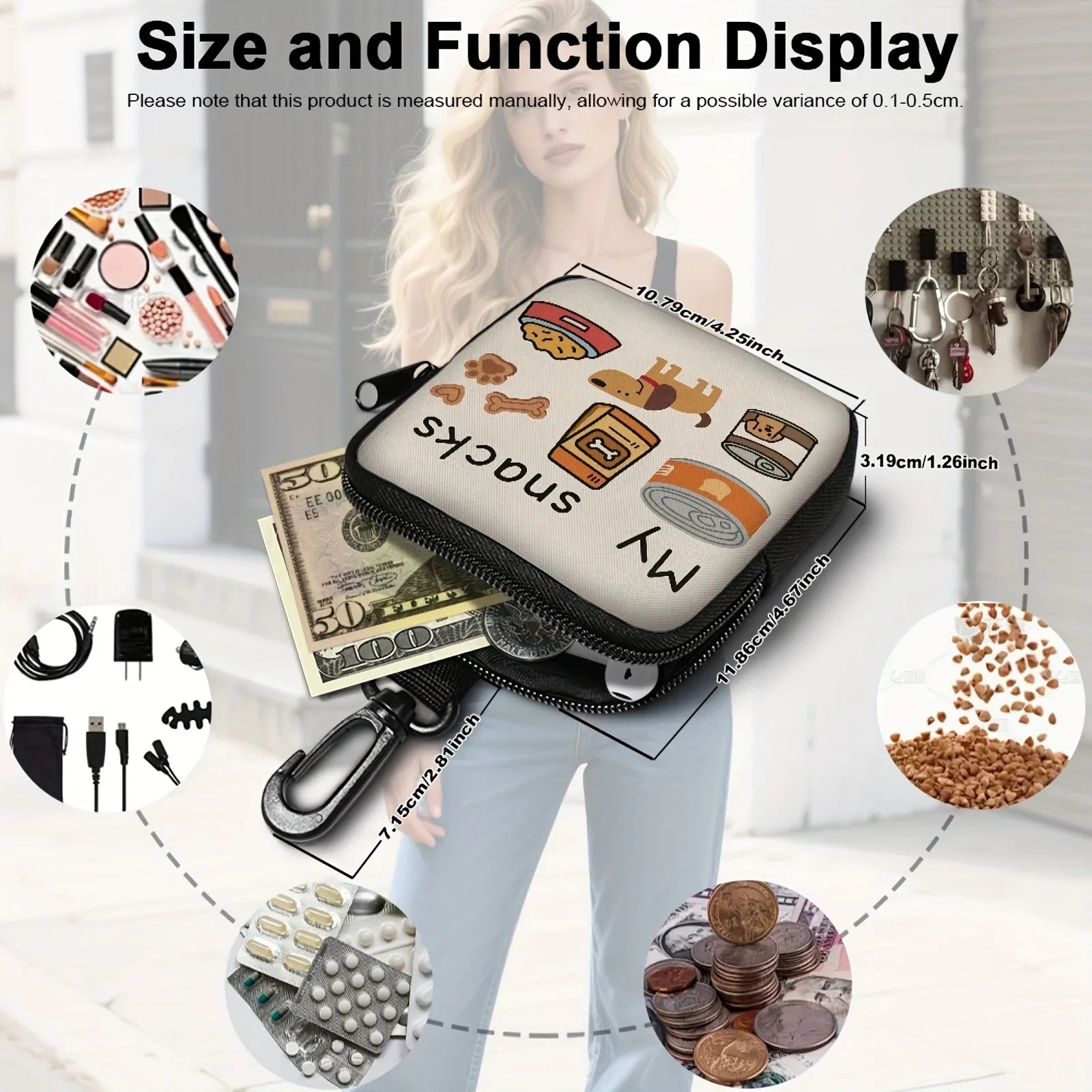 1pc Dog Print Dog Treat Bag with Hook and Zipper - Pet Training Set, Puppy Pet Training Walking Bag, Dog Training Accessories