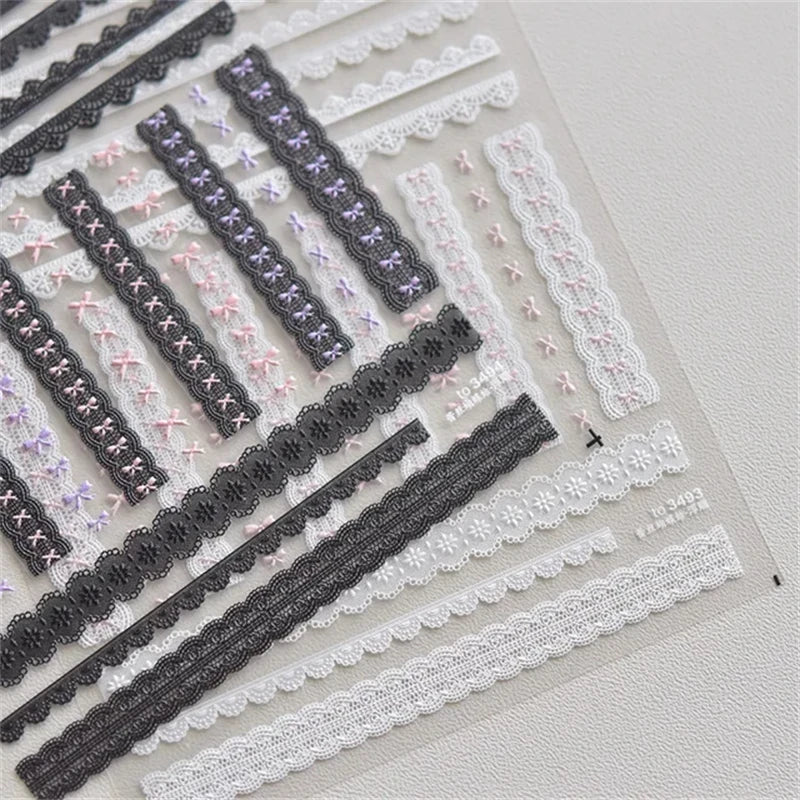 1pcs Sweet Pearl Lace Bow Nail Stickers Love Heart Pink White Black Lace Bow Self Adhesive Nail Art Decorations Decals Accessory