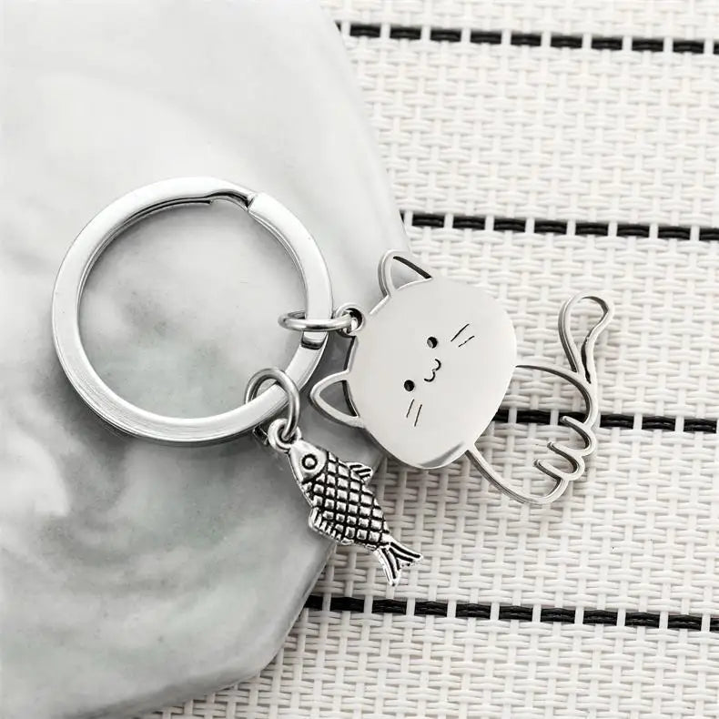 Stainless Steel Cat Fish Keychain for Women Cute Cartoon Kitten Keyring Men Couple Bag Purse Pendant Jewelry Gift Accessories