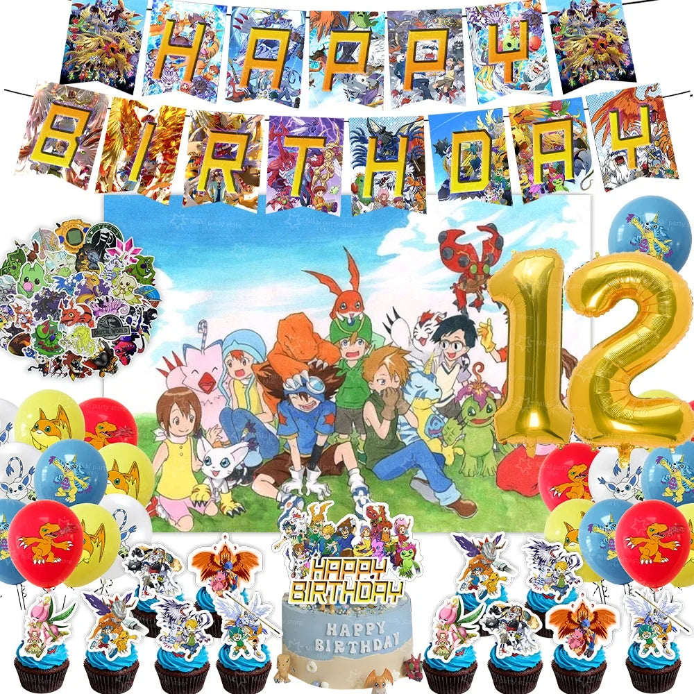 Digimon Birthday Decoration Cartoon Pet Party Favors Balloons Backdrop Banner Cake Decoration Baby Shower Supplies Gifts Toys
