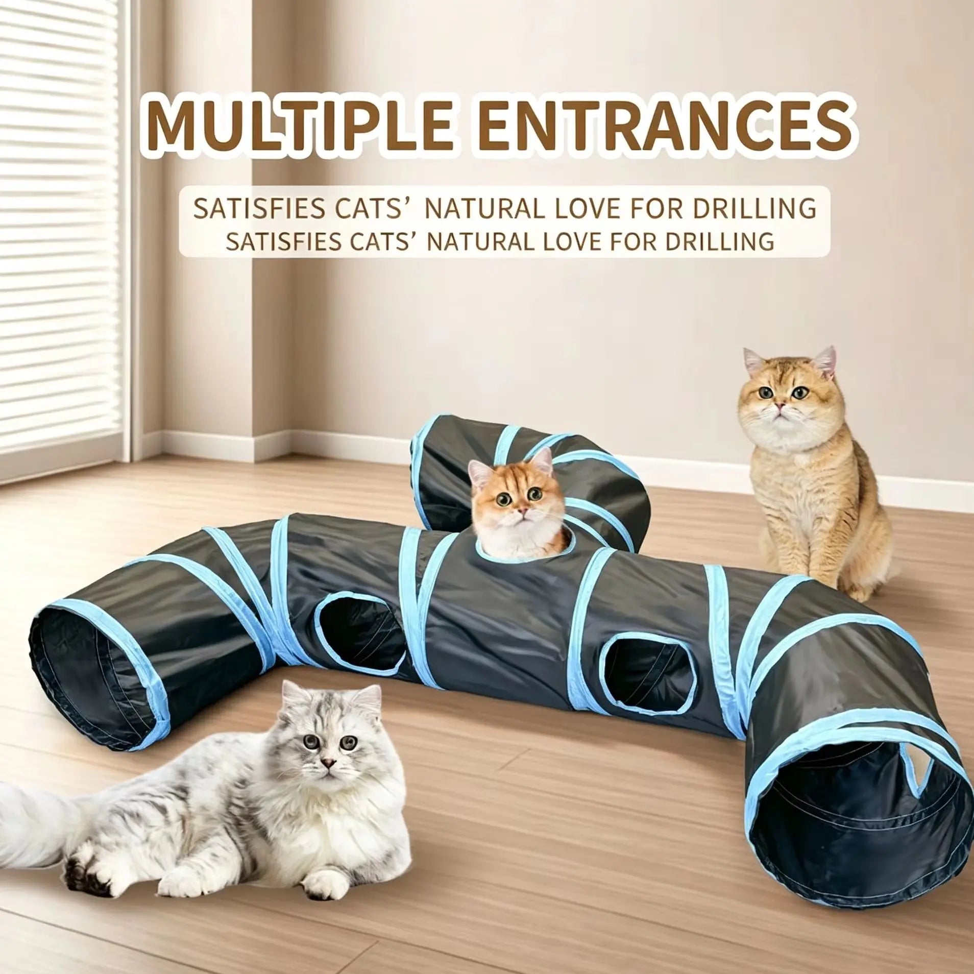 HTMCK New Design Extended Black Three-Way Cat Tunnel Toy, New Shaped Faucet Pet Passage Cat Toy, Rolling Dragon Toy