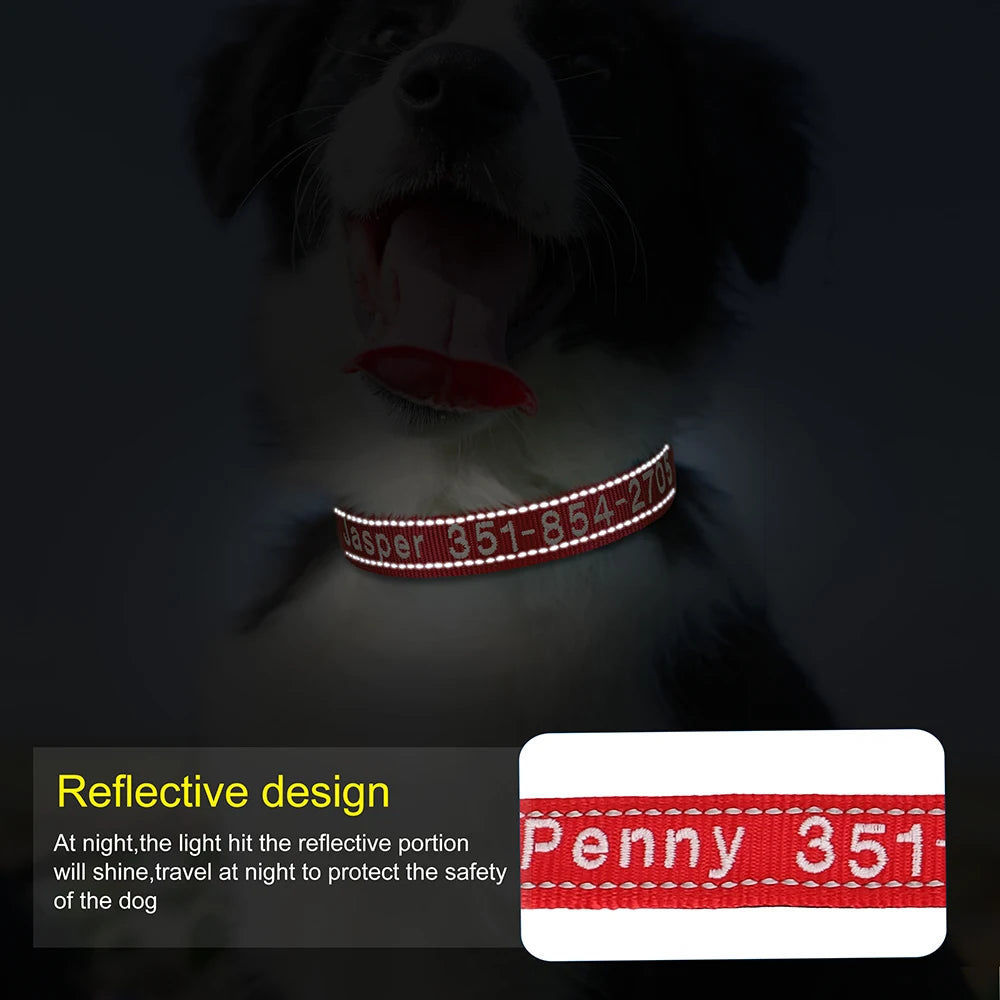 Custom Nylon Embroidered Dog Collar Personalized Pet ID Name Collars Refletive Necklace for Small Medium Large Dogs Accessories