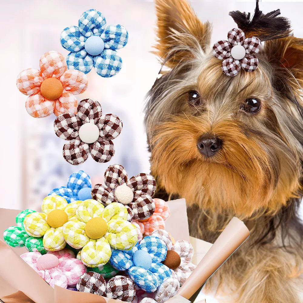 20PCS Pet Bows Flowers Shape Hair Accessories Handmade Dog Bows With Rubber Bands Bowknot For Dogs Pet Grooming Products