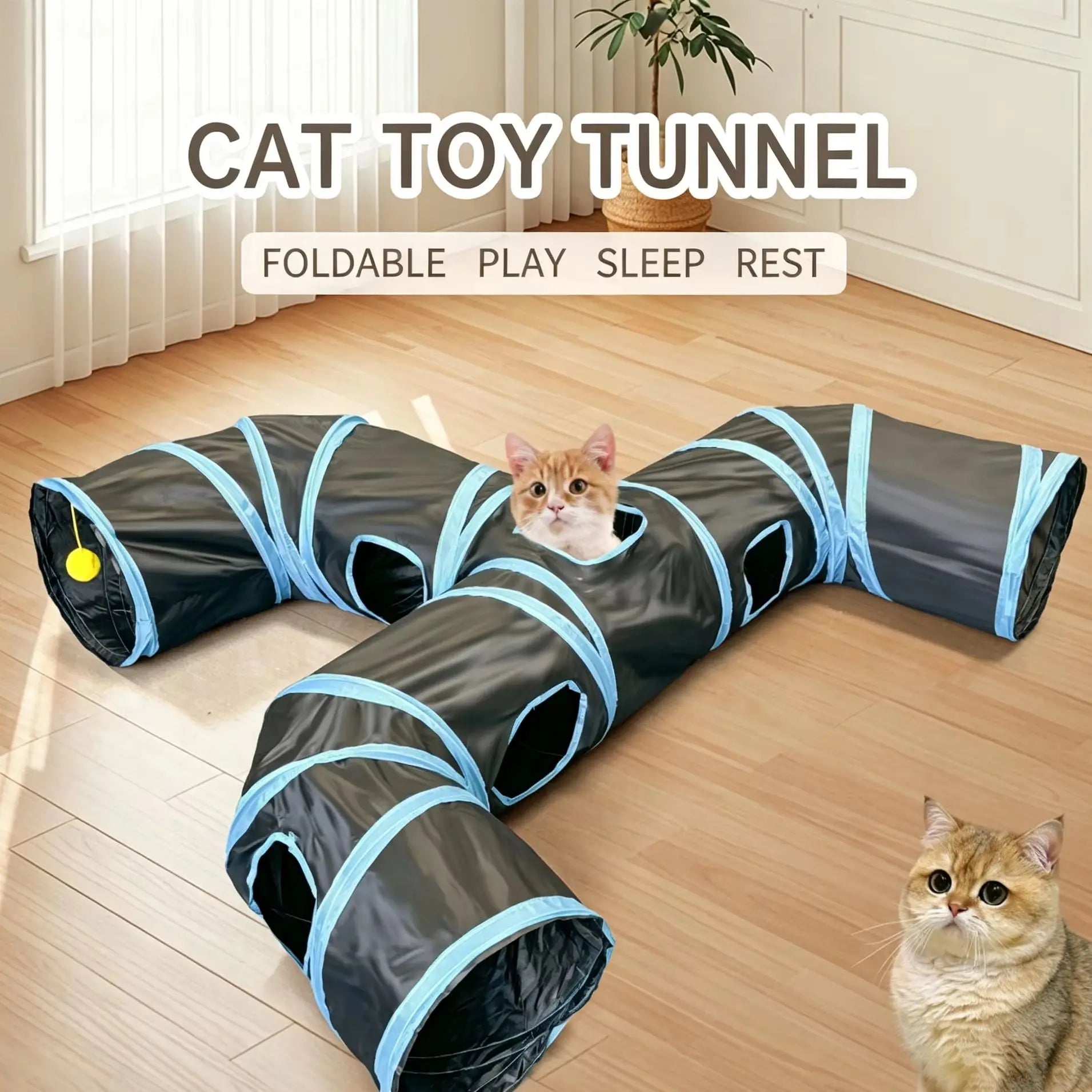HTMCK New Design Extended Black Three-Way Cat Tunnel Toy, New Shaped Faucet Pet Passage Cat Toy, Rolling Dragon Toy