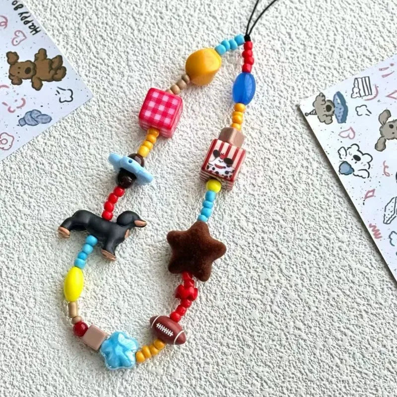 Ins Cartoon Colored Beaded Sausage Dog Anti Loss Phone Keychain Cute Bead Phone Strap Hand Chain Bag Accessories Gifts