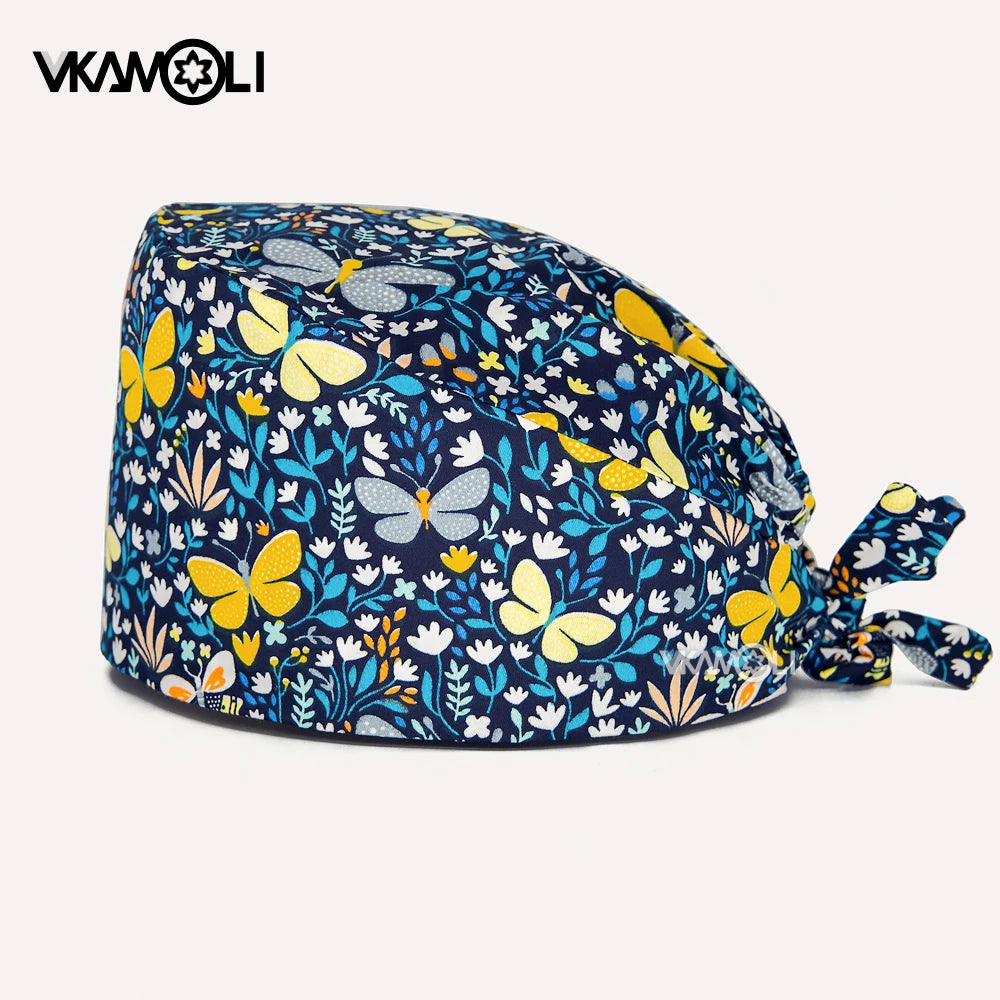 women's Cotton scrubs caps weat-absorbent Elastic Section pet grooming nursing work hats lab Flower print scrub hat Wholesale