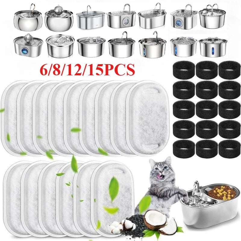 6/8/12/15PCS Cat Water Fountain Activated Carbon Sponge Filters for Stainless Steel Water Dispenser Pet Water Care Accessory