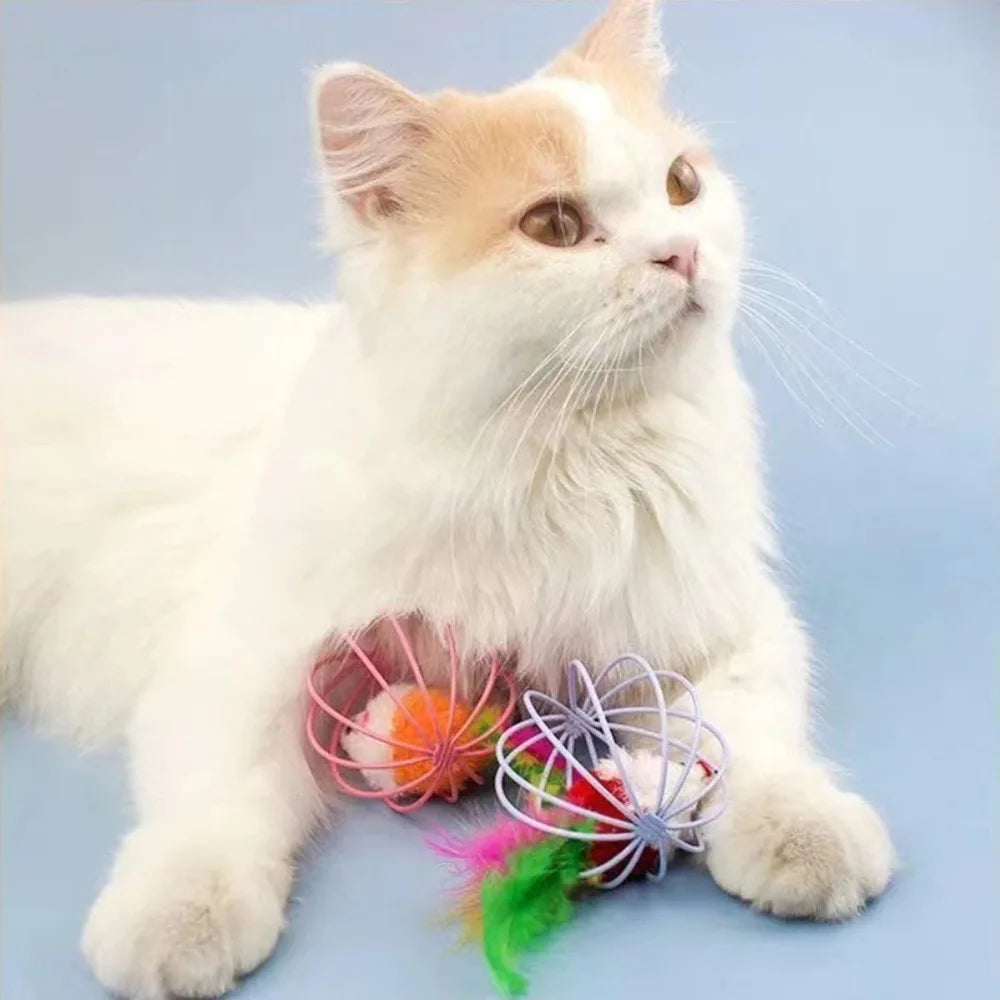 Multicolor Feather Tail Cat Toy, Simulation Roly-Poly Bell Ball, Self-Play Interactive Toy for Cats Indoor Play Pet Supplies