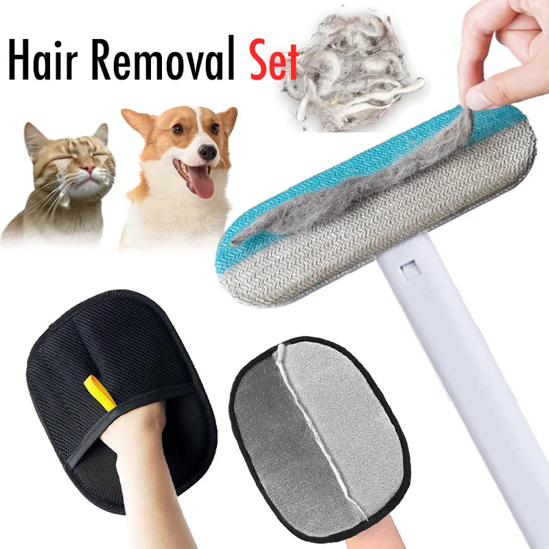 Pet Hair Removal Set Tool Reusable Static Removal Gloves Double-Sided Grooming Gloves Remove Dog Cat Fur Hair for Carpets Sofa