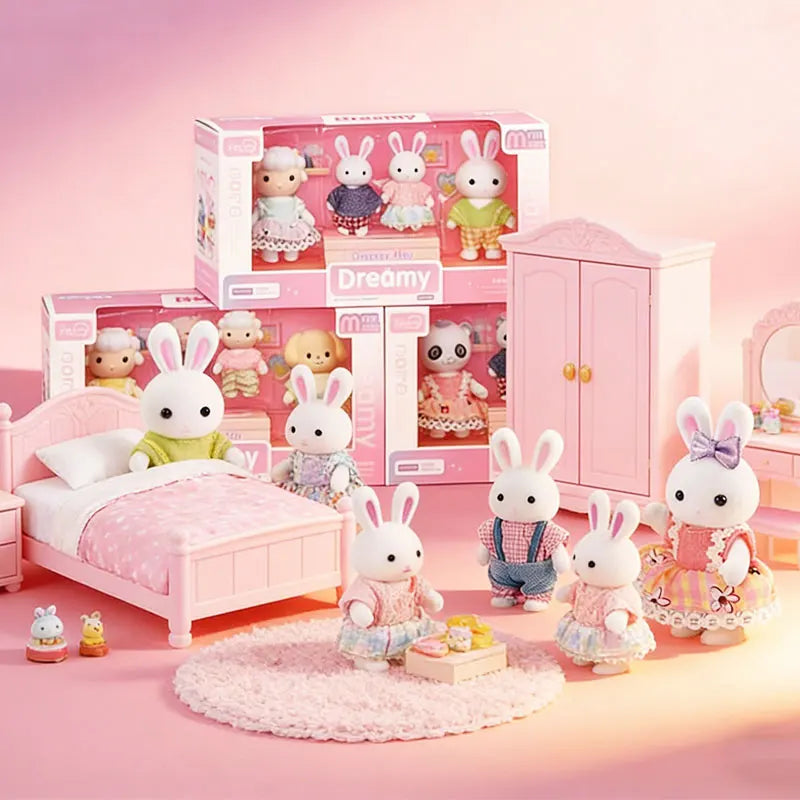 Dollhouse Forest Family Doll Rabbit Dog Minitature Doll Furniture Set With Box Pretend Play Simulation Doll House Role-Play Toys